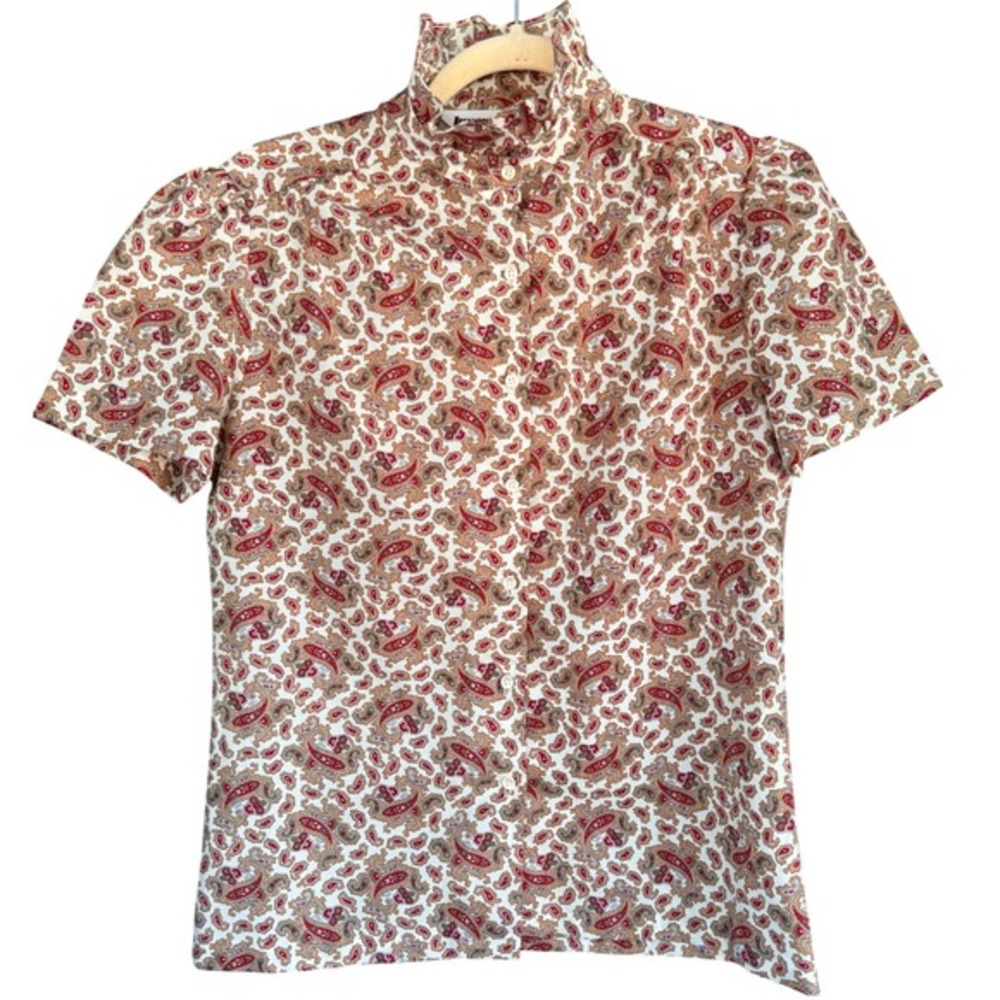 A3 Inner Visions Blouse Paisley Ruffle Neck Button Down Vintage Short Sleeve USA
